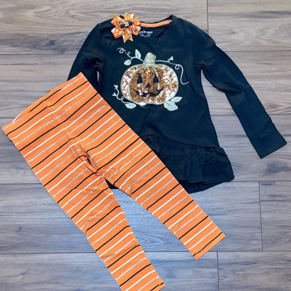 Black Pumpkin Top and Orange Striped Leggings Set